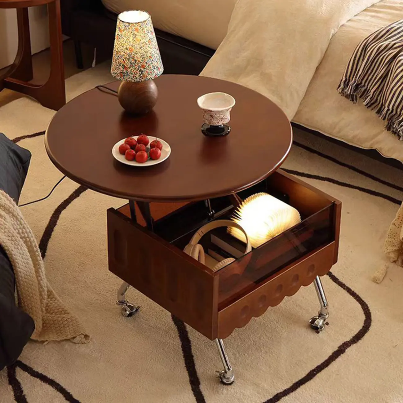  360° Rolling Flower-Shaped Wooden Lift-Top Coffee Table Image - 2 | homeyfad