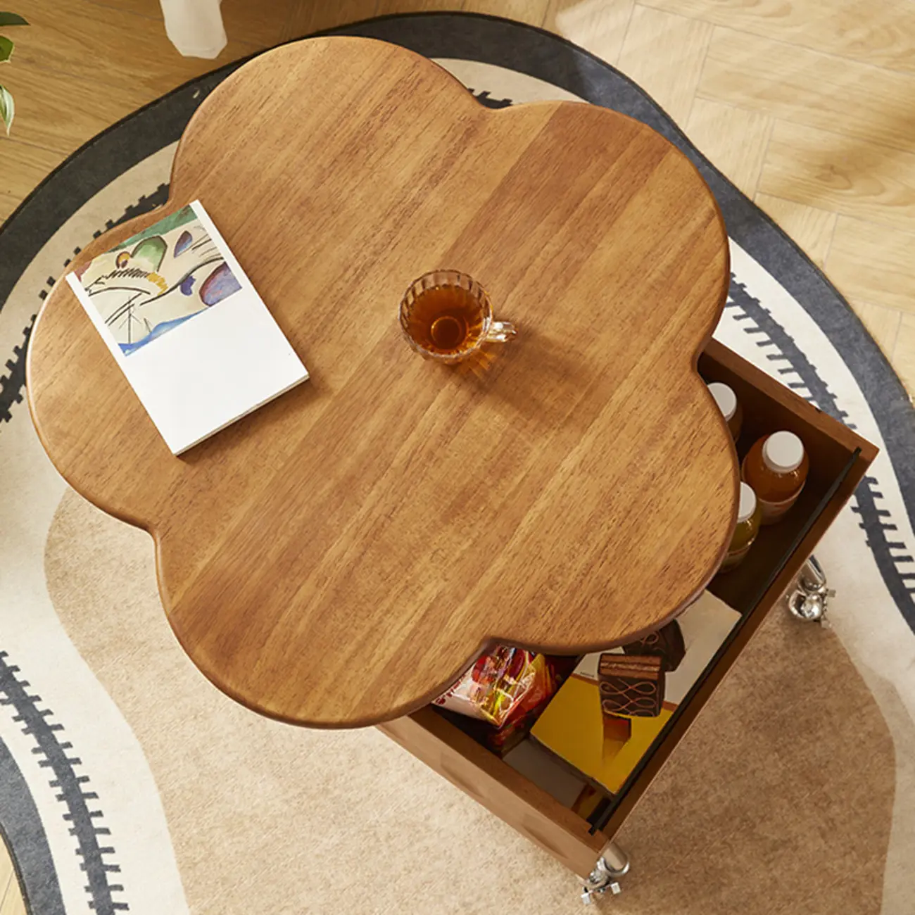  360° Rolling Flower-Shaped Wooden Lift-Top Coffee Table Image - 13 | homeyfad