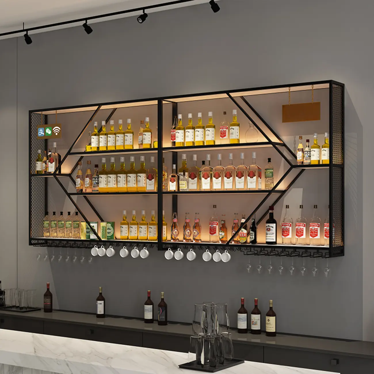 Ink Modish Iron Wine Bottle and Wine Glass Holder with Bar Glass Holder Shelf, Stemware Rack, Open Wine Rack, and Lighted Feature Image - 2 | homeyfad