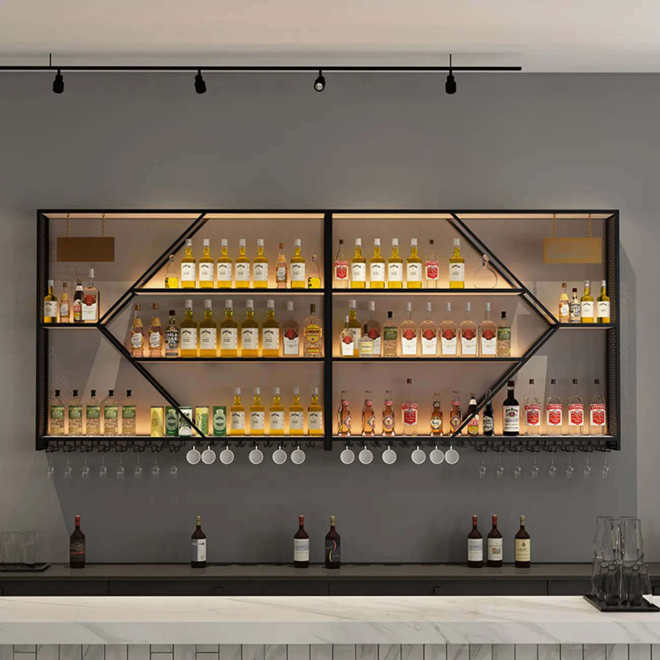 Ink Modish Iron Wine Bottle and Wine Glass Holder with Bar Glass Holder Shelf, Stemware Rack, Open Wine Rack, and Lighted Feature Image - 1 | homeyfad