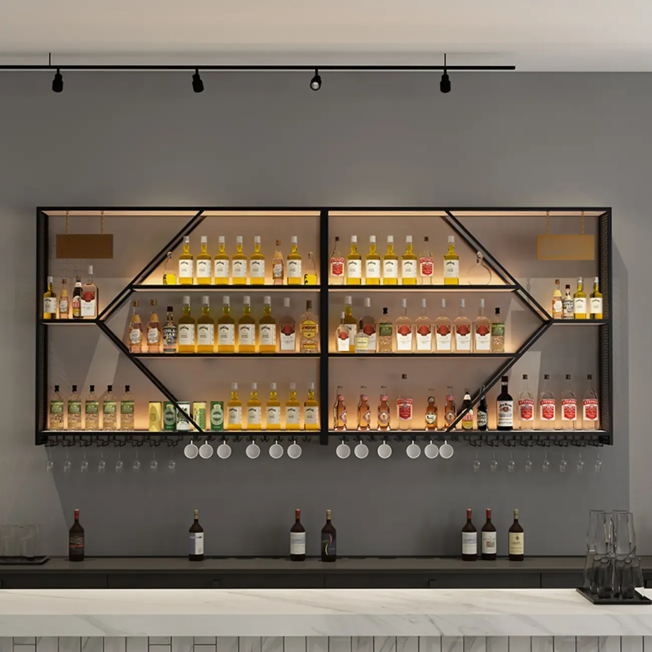 Ink Modish Iron Wine Bottle and Wine Glass Holder with Bar Glass Holder Shelf, Stemware Rack, Open Wine Rack, and Lighted Feature Image - 1