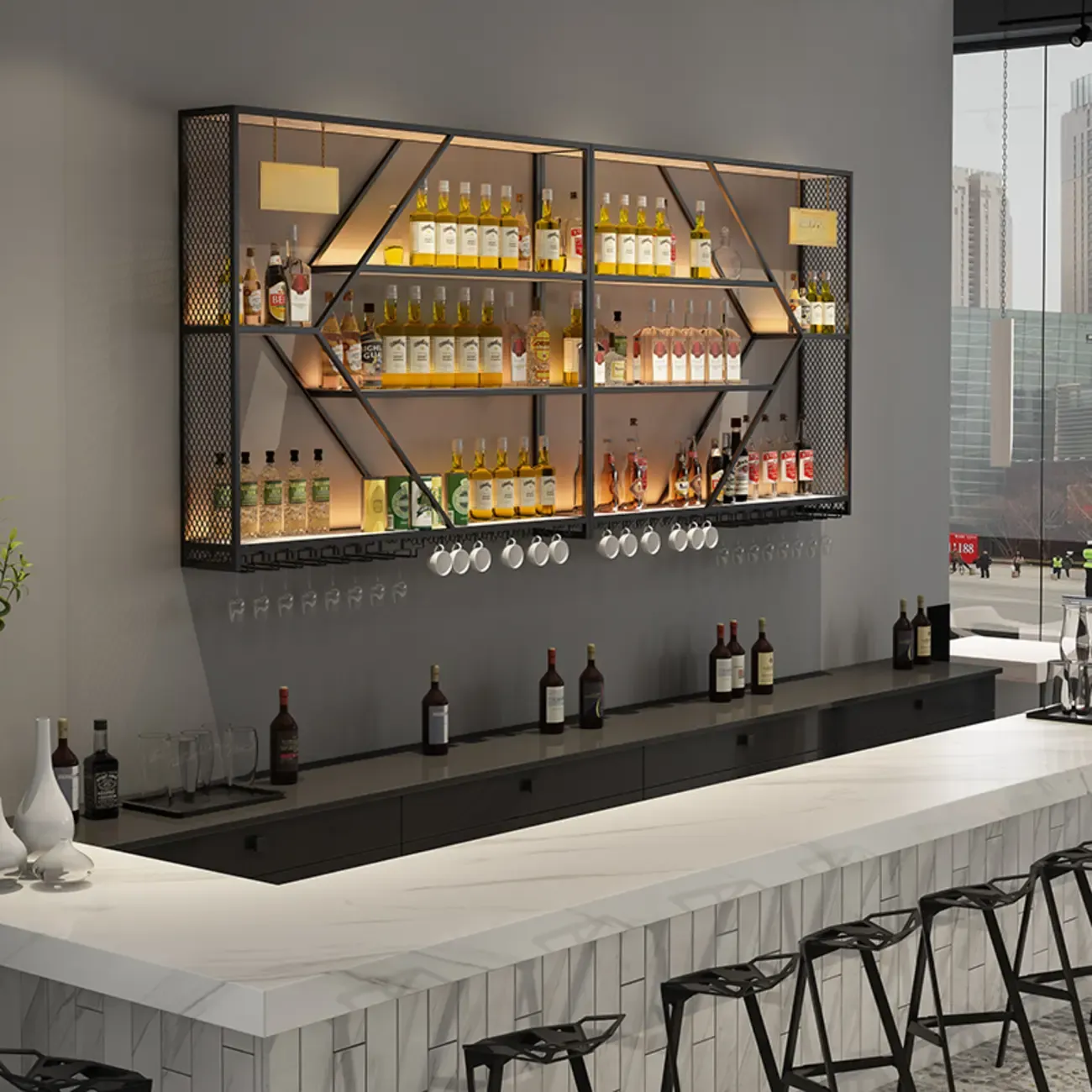 Ink Modish Iron Wine Bottle and Wine Glass Holder with Bar Glass Holder Shelf, Stemware Rack, Open Wine Rack, and Lighted Feature Image - 3