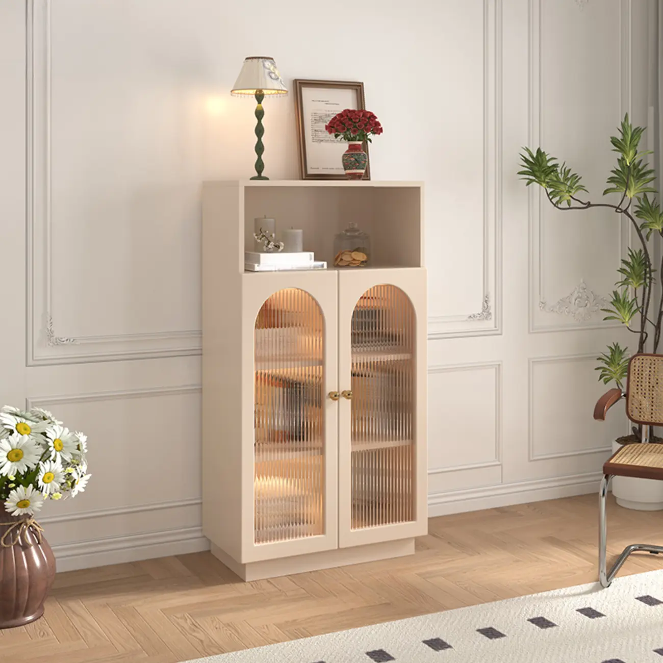 Vertical Timber Shelf Organizer with 5 Shelves and Transparent Glass Door Closed Back Image - 3 | homeyfad