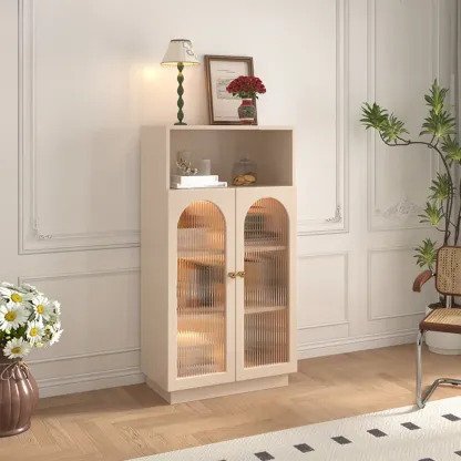 Vertical Timber Shelf Organizer with 5 Shelves and Transparent Glass Door Closed Back Image - 3