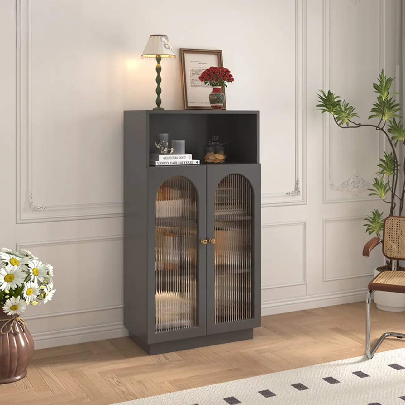 Vertical Timber Shelf Organizer with 5 Shelves and Transparent Glass Door Closed Back Image - 4 | homeyfad