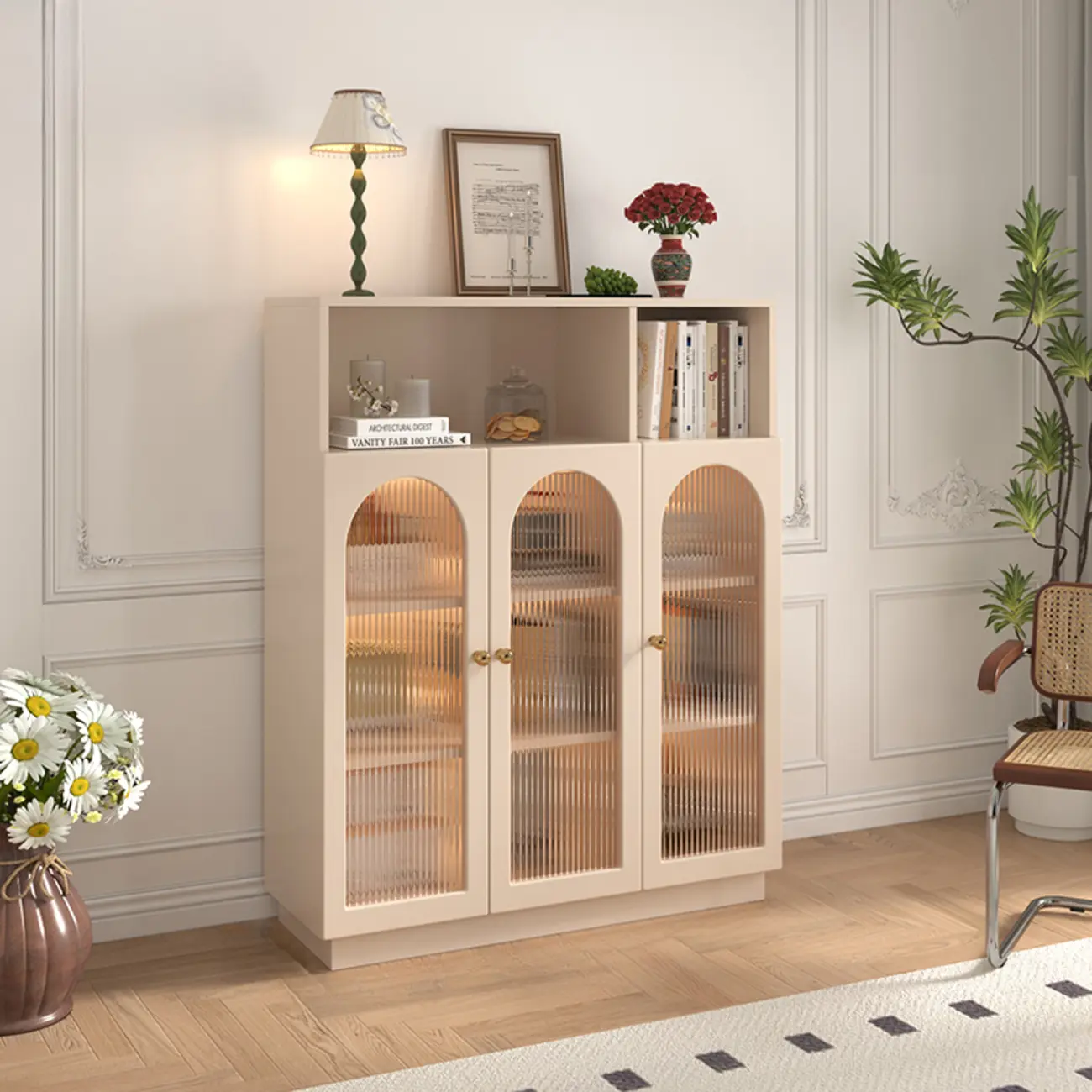 Vertical Timber Shelf Organizer with 5 Shelves and Transparent Glass Door Closed Back Image - 8 | homeyfad