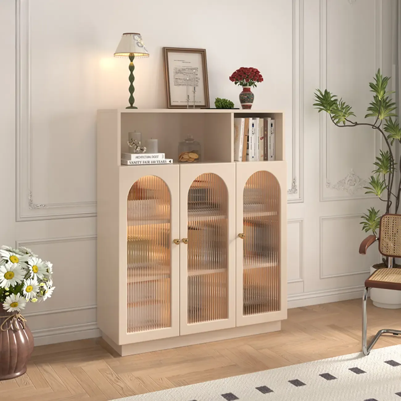 Vertical Timber Shelf Organizer with 5 Shelves and Transparent Glass Door Closed Back Image - 8