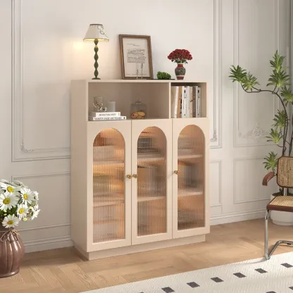 Vertical Timber Shelf Organizer with 5 Shelves and Transparent Glass Door Closed Back Image - 8