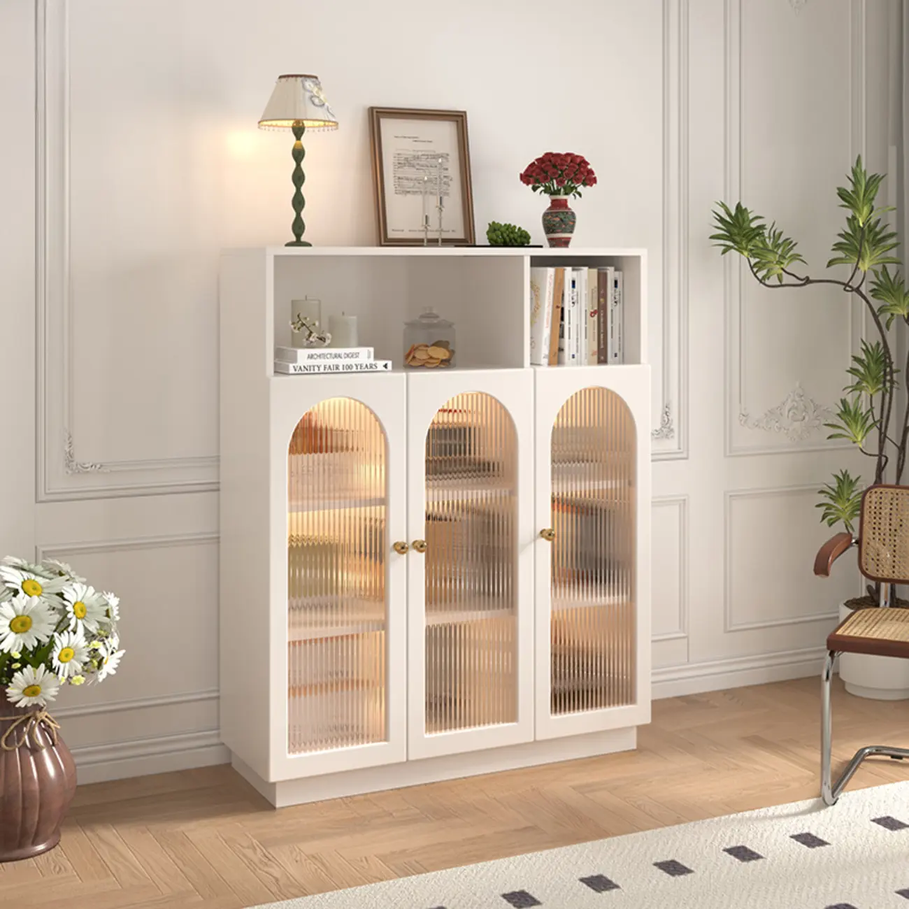 Vertical Timber Shelf Organizer with 5 Shelves and Transparent Glass Door Closed Back Image - 7 | homeyfad