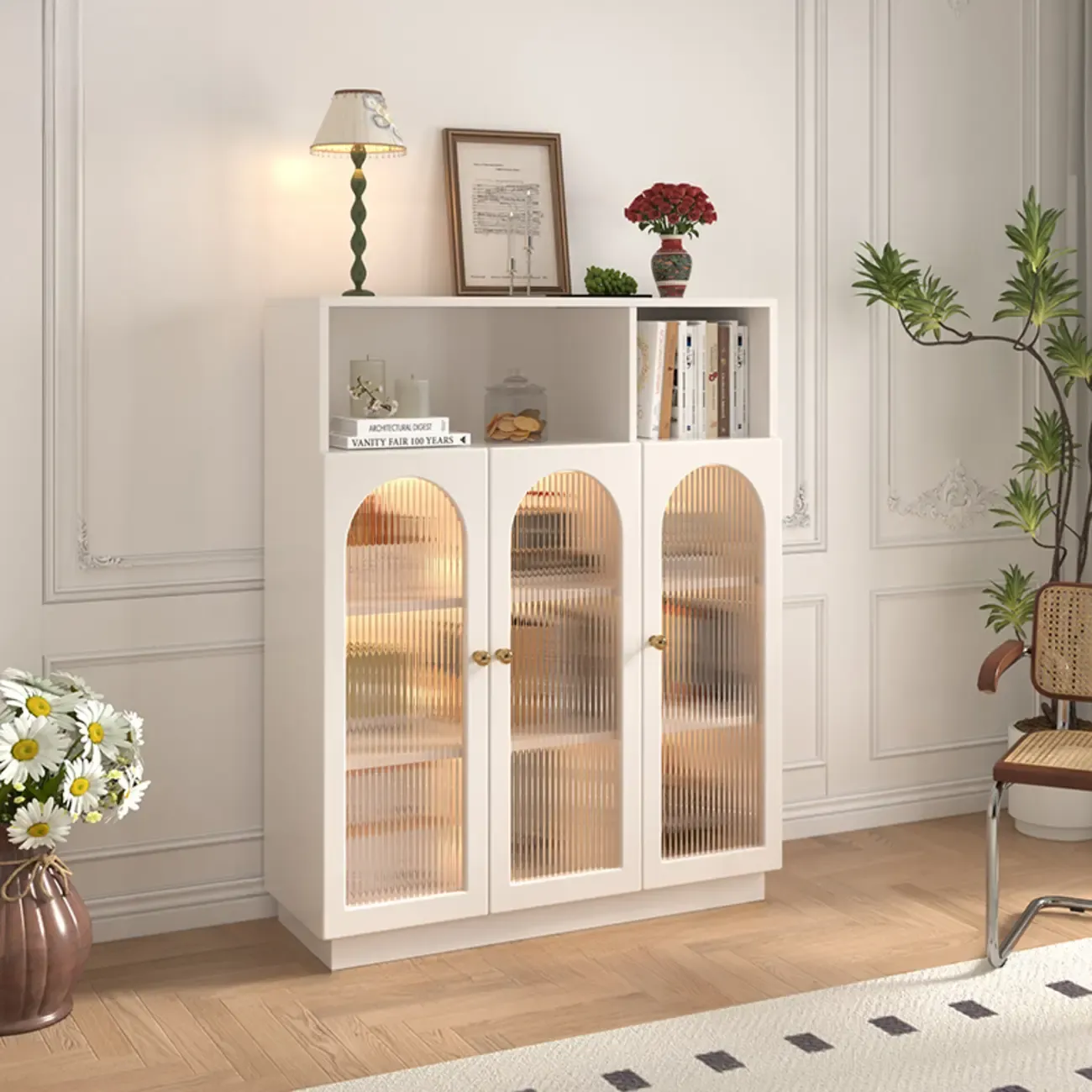 Vertical Timber Shelf Organizer with 5 Shelves and Transparent Glass Door Closed Back Image - 7