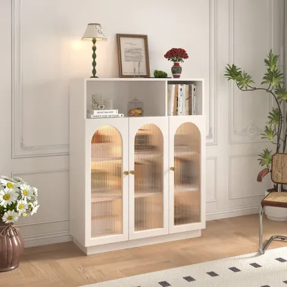 Vertical Timber Shelf Organizer with 5 Shelves and Transparent Glass Door Closed Back Image - 7