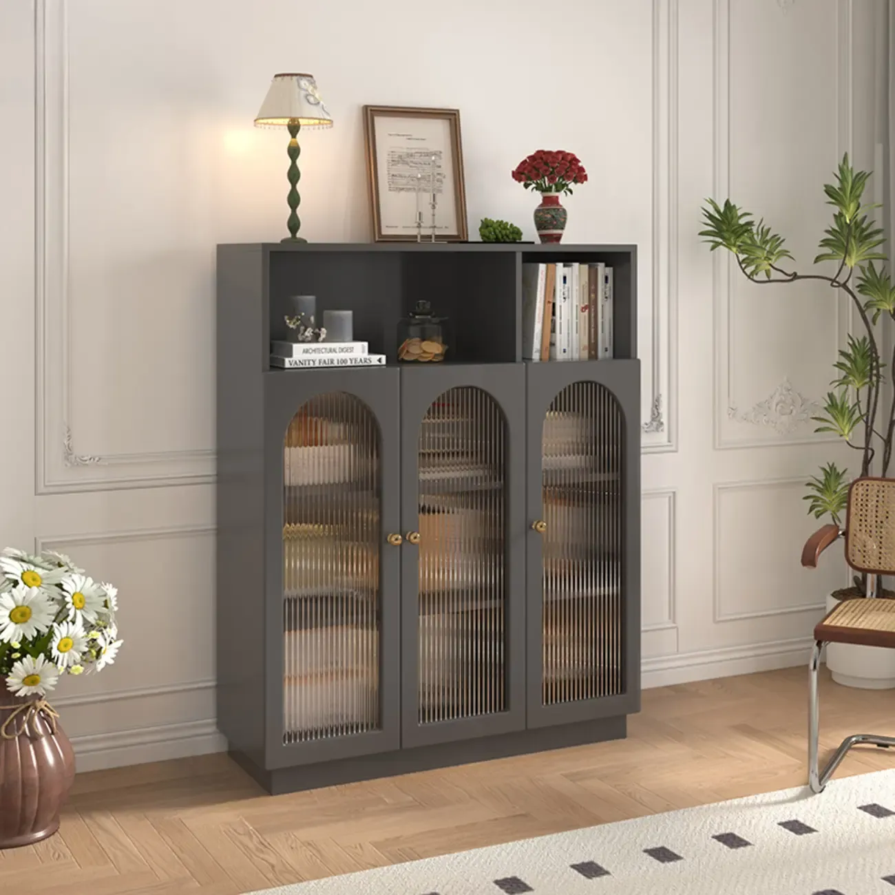 Vertical Timber Shelf Organizer with 5 Shelves and Transparent Glass Door Closed Back Image - 9