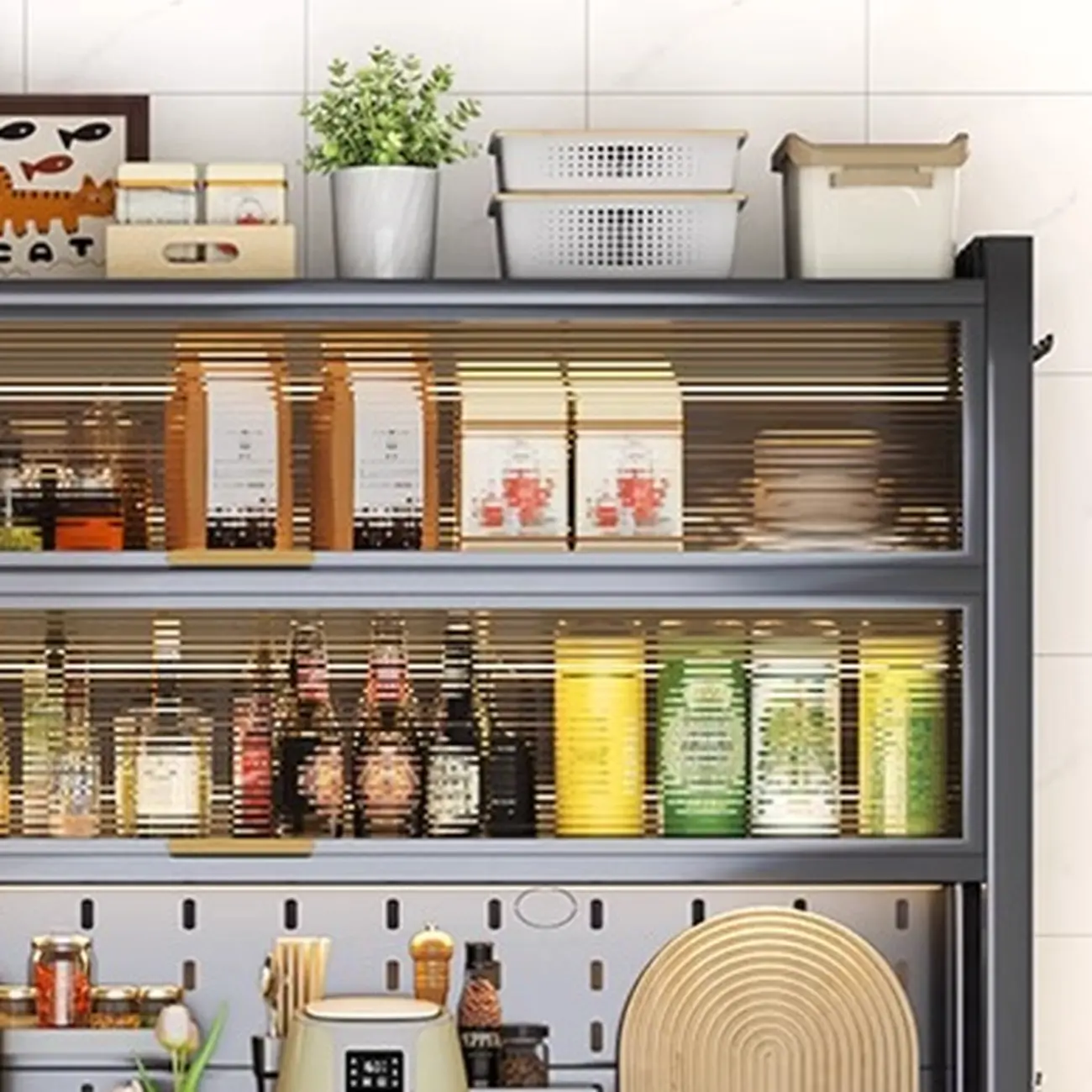 Simple Metal Pegboard Organization Sideboard with Glass Door Image - 10 | homeyfad