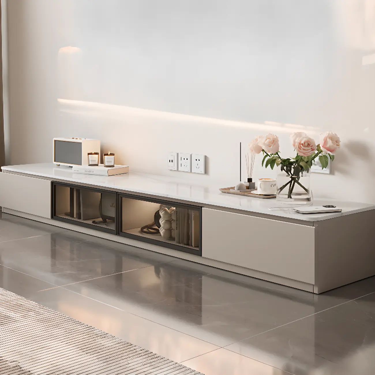 Modern Beige Rectangle Wooden TV Stand Image - 1 | homeyfad