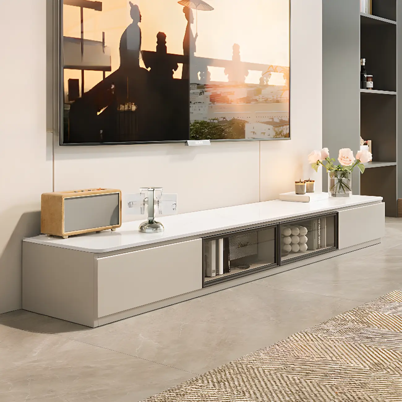 Modern Beige Rectangle Wooden TV Stand Image - 2 | homeyfad