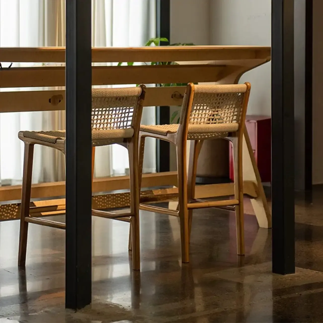 Modern Square Rattan Seat Counter Height Stools with Back Image - 4