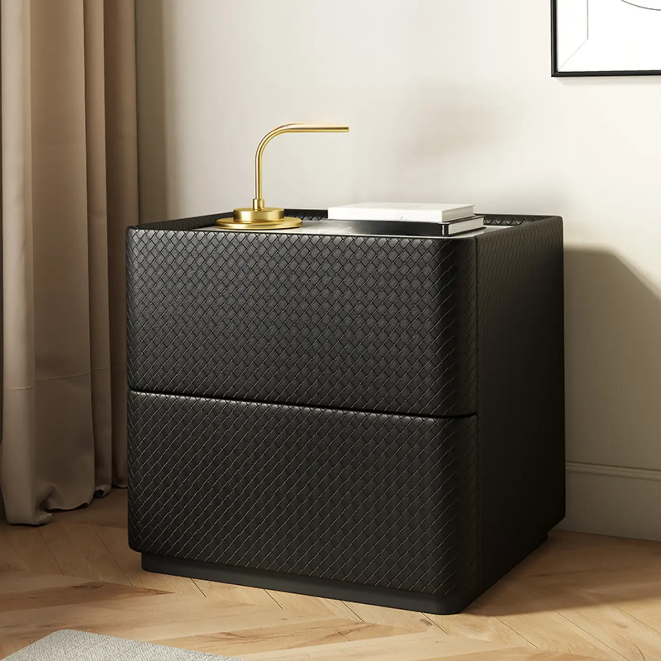 Minimalist Grid Pattern 2 Layer Wooden Nightstand for Bedroom Image - 4 | homeyfad