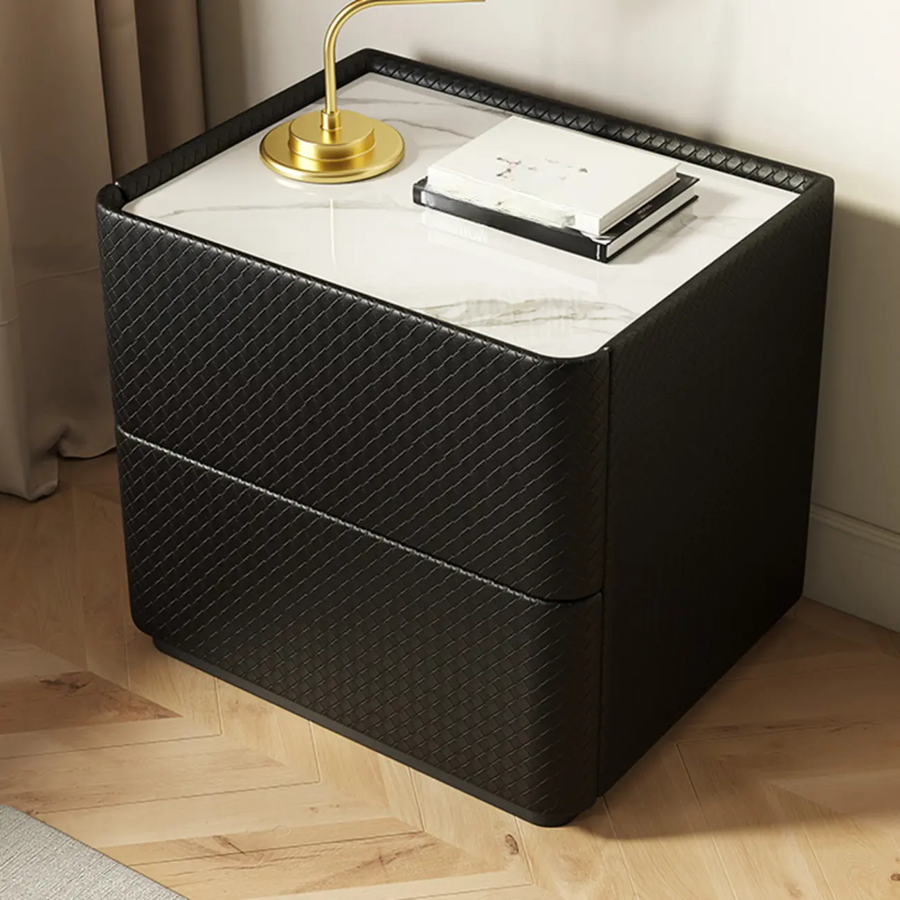 Minimalist Grid Pattern 2 Layer Wooden Nightstand for Bedroom Image - 5 | homeyfad