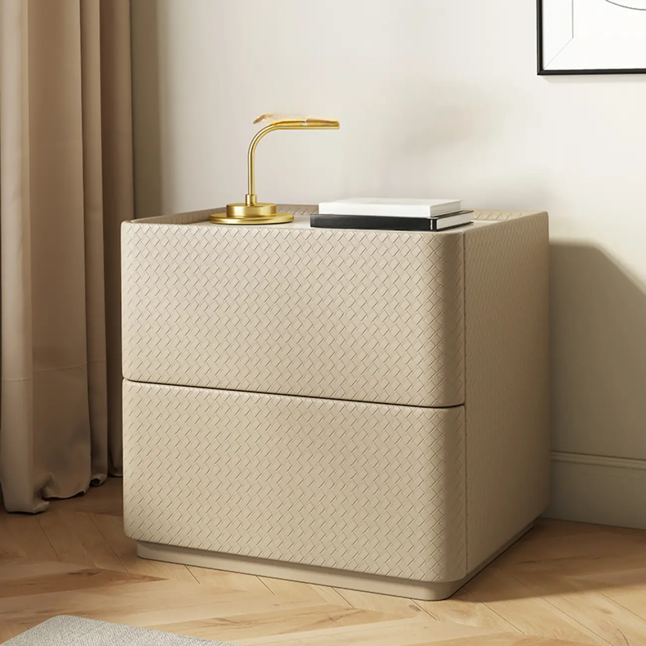 Minimalist Grid Pattern 2 Layer Wooden Nightstand for Bedroom Image - 6 | homeyfad