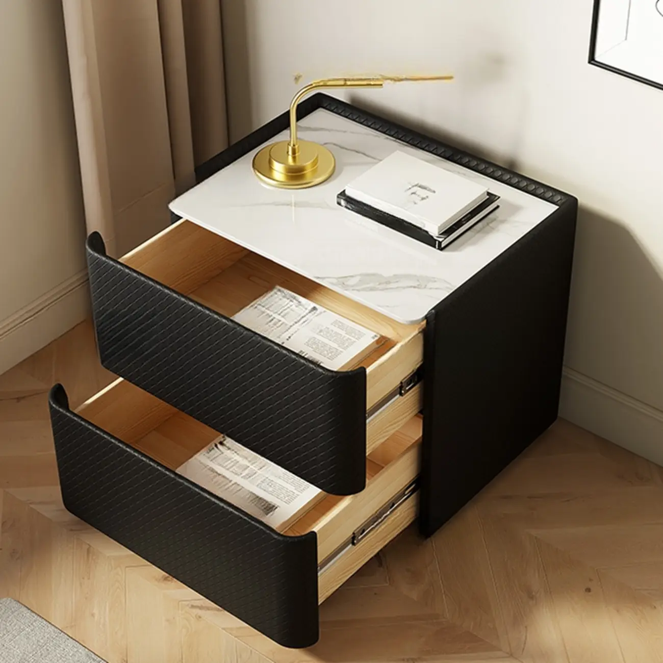 Minimalist Grid Pattern 2 Layer Wooden Nightstand for Bedroom Image - 2 | homeyfad