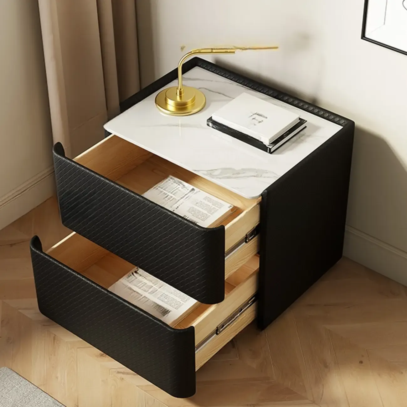 Minimalist Grid Pattern 2 Layer Wooden Nightstand for Bedroom Image - 2