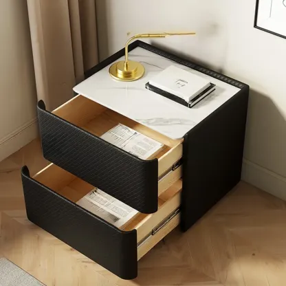 Minimalist Grid Pattern 2 Layer Wooden Nightstand for Bedroom Image - 2