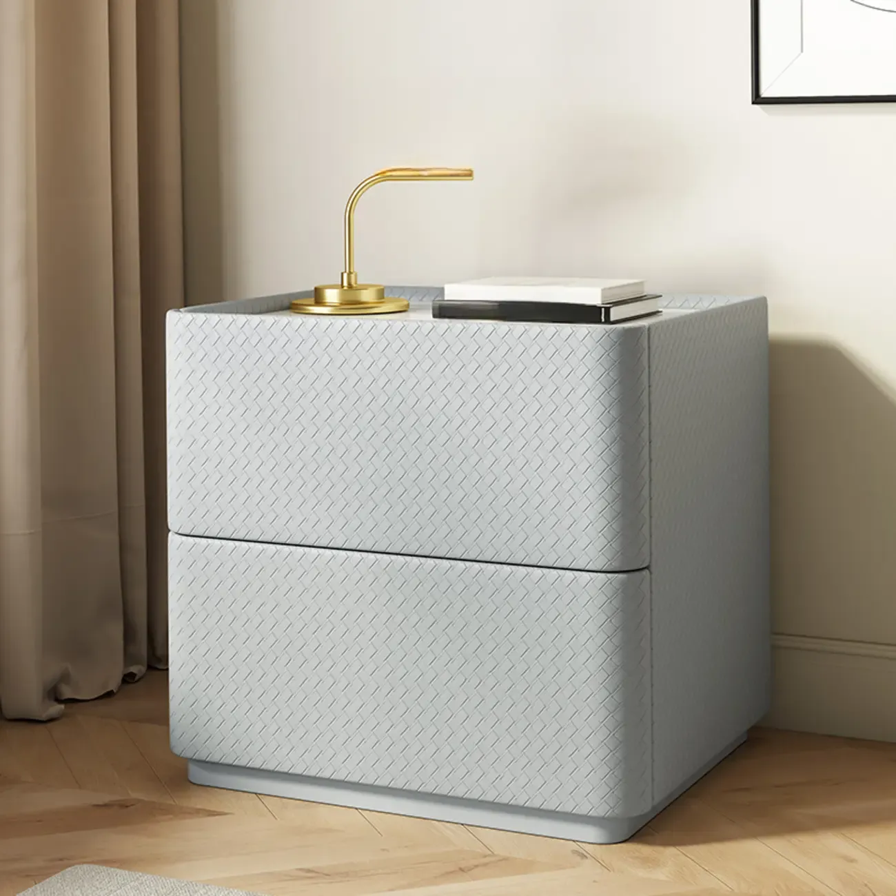 Minimalist Grid Pattern 2 Layer Wooden Nightstand for Bedroom Image - 7