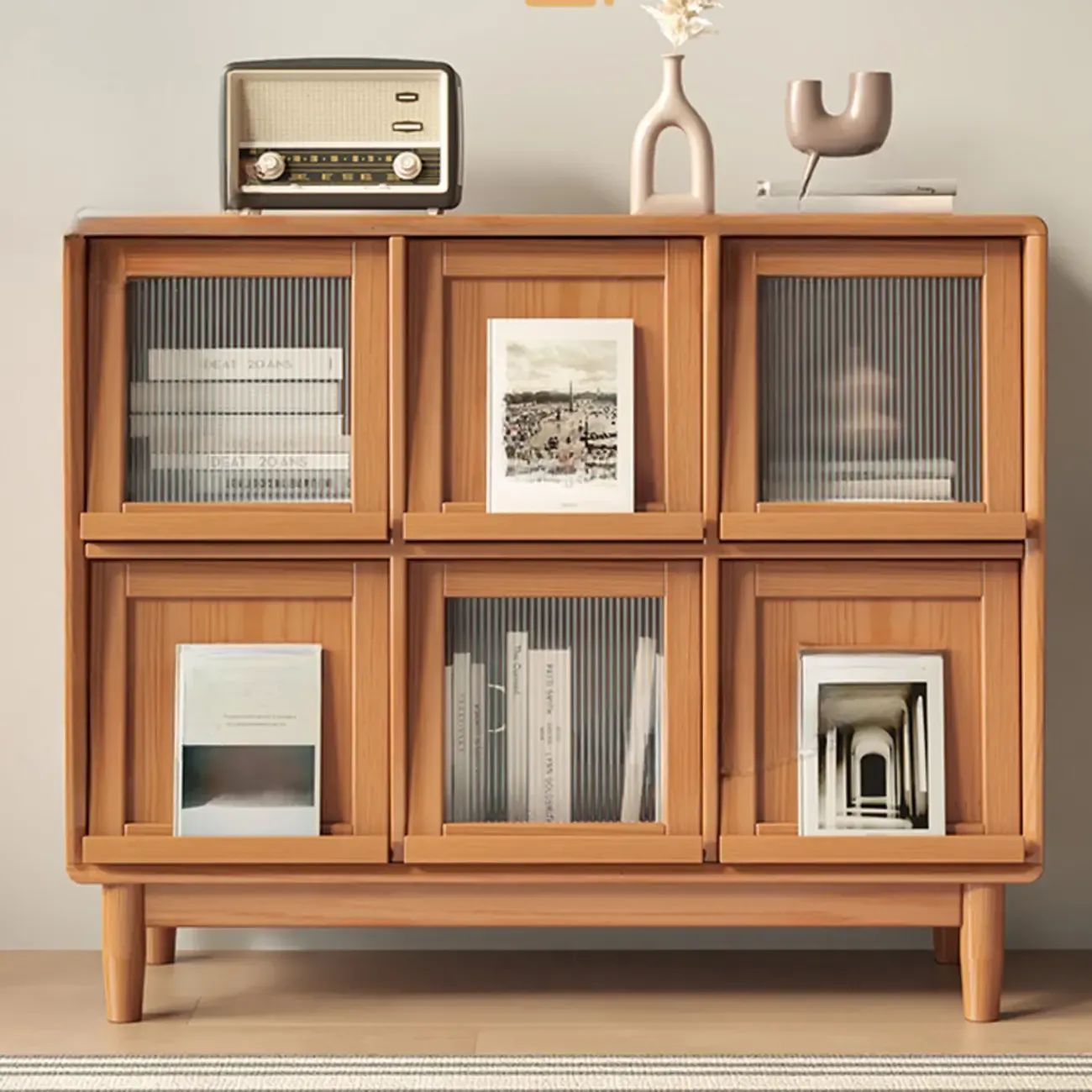 Horizontal Rectangular Wooden Flip-Top Bookcase With Doors Image - 3