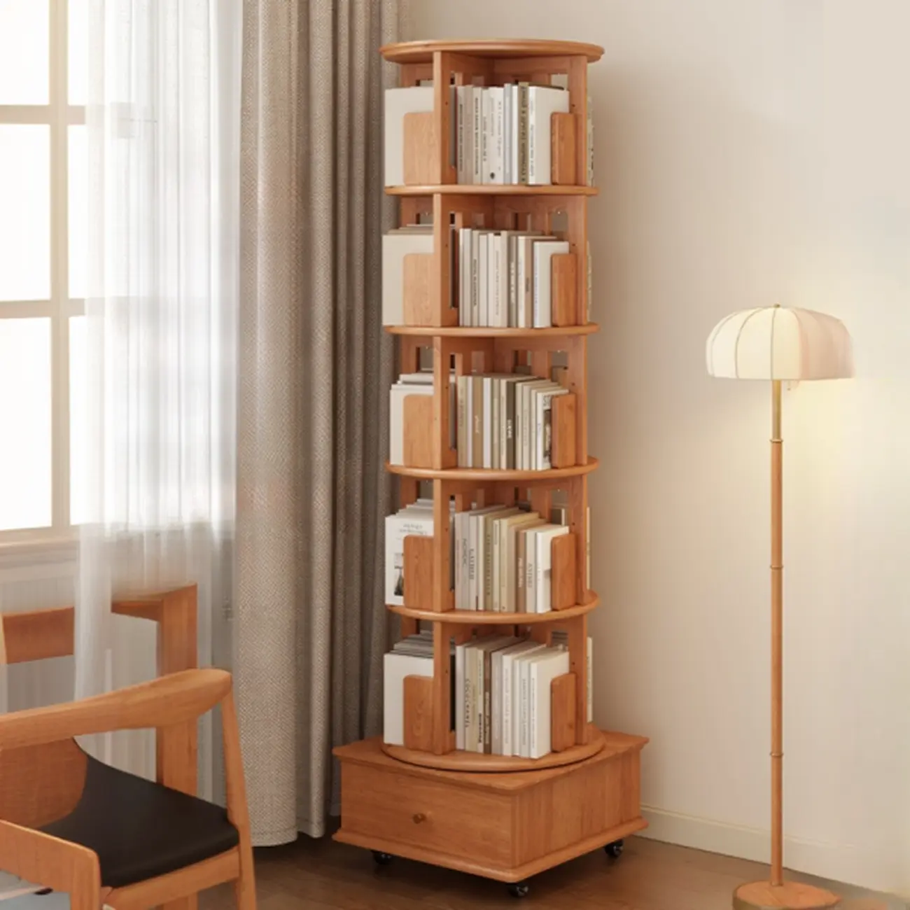 Cylindrical Movable 360° Rotating Wooden Bookshelf with Drawer Image - 1 | homeyfad