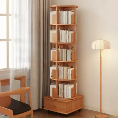 Cylindrical Movable 360° Rotating Wooden Bookshelf with Drawer Image - 1