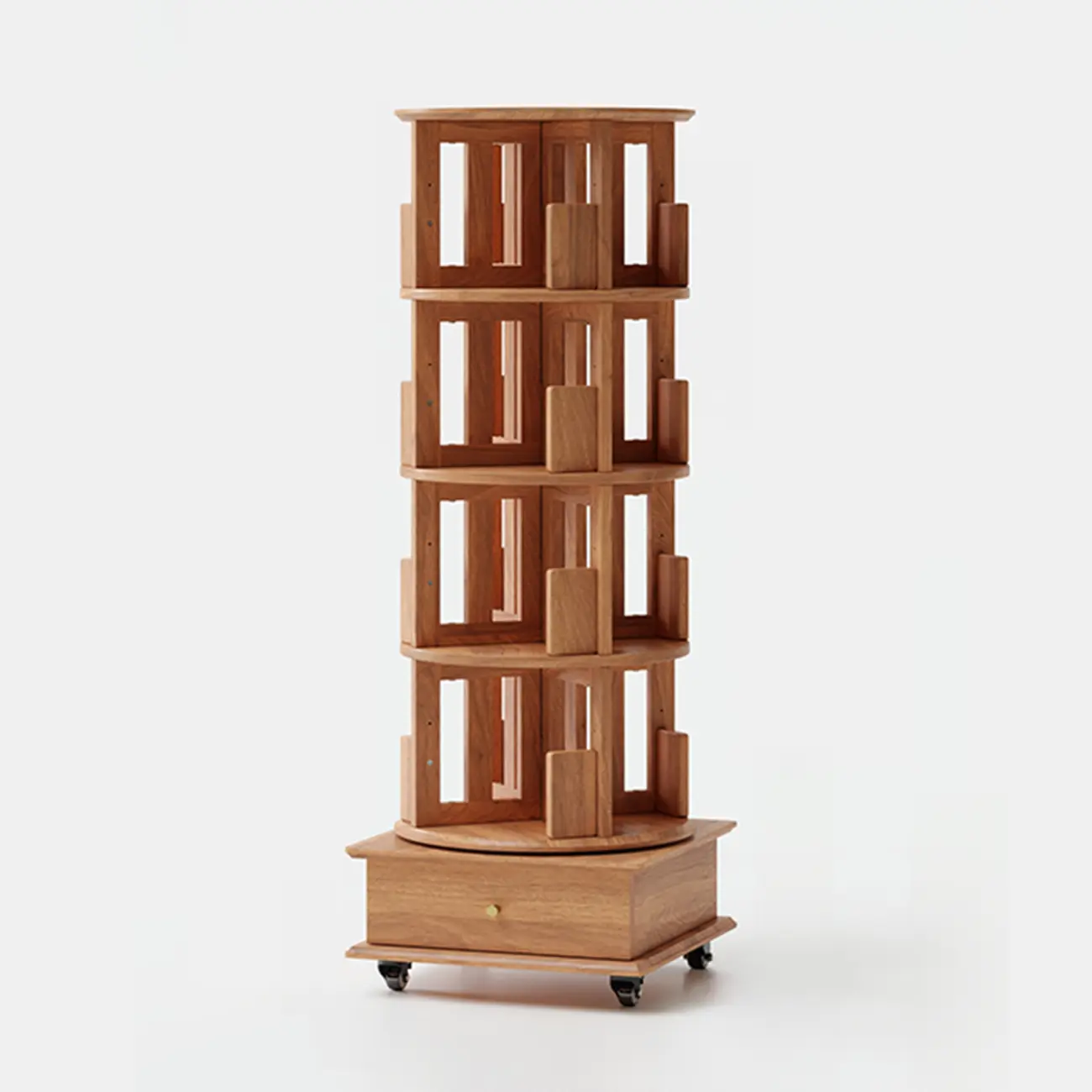 Cylindrical Movable 360° Rotating Wooden Bookshelf with Drawer Image - 5 | homeyfad