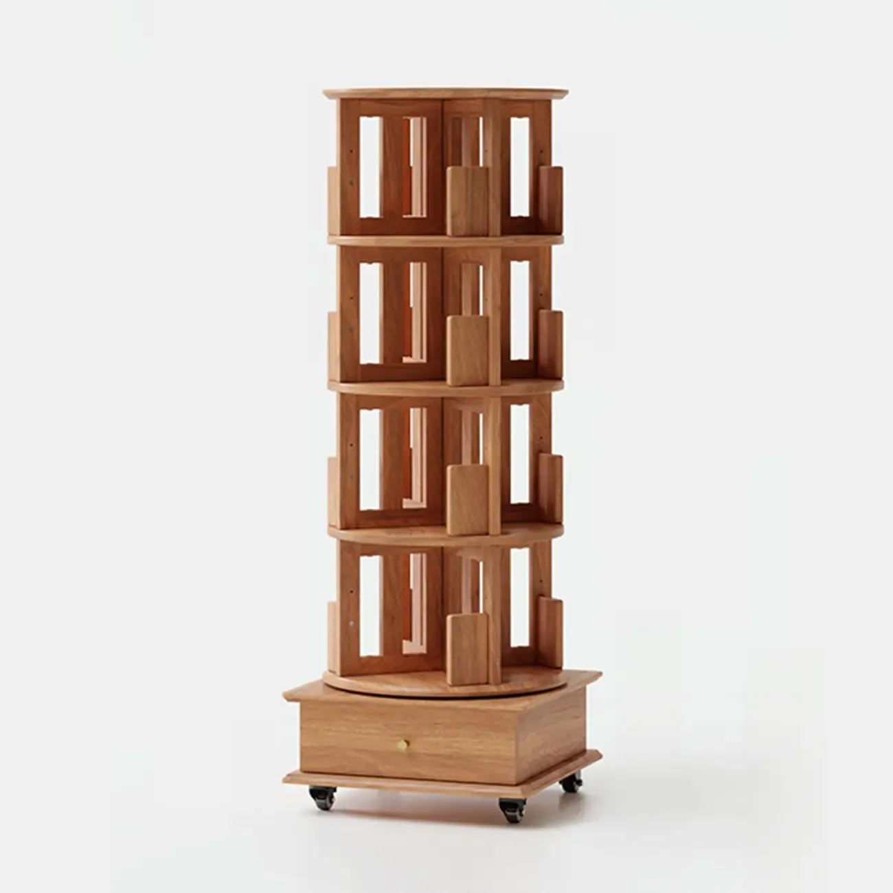 Cylindrical Movable 360° Rotating Wooden Bookshelf with Drawer Image - 5