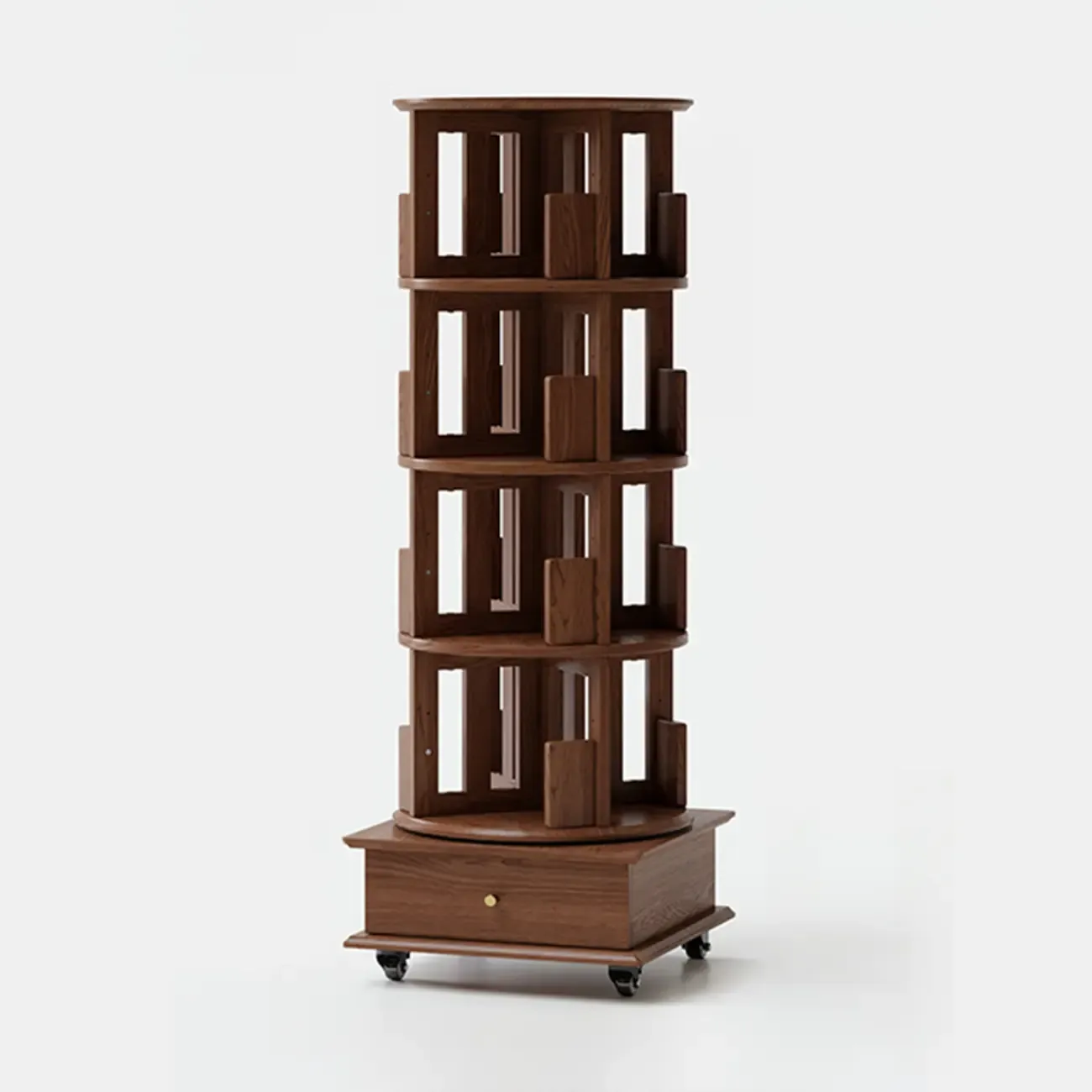Cylindrical Movable 360° Rotating Wooden Bookshelf with Drawer Image - 6