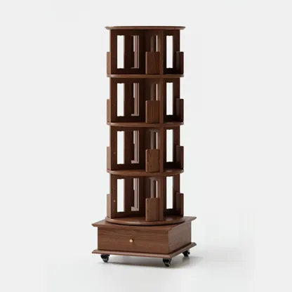 Cylindrical Movable 360° Rotating Wooden Bookshelf with Drawer Image - 6