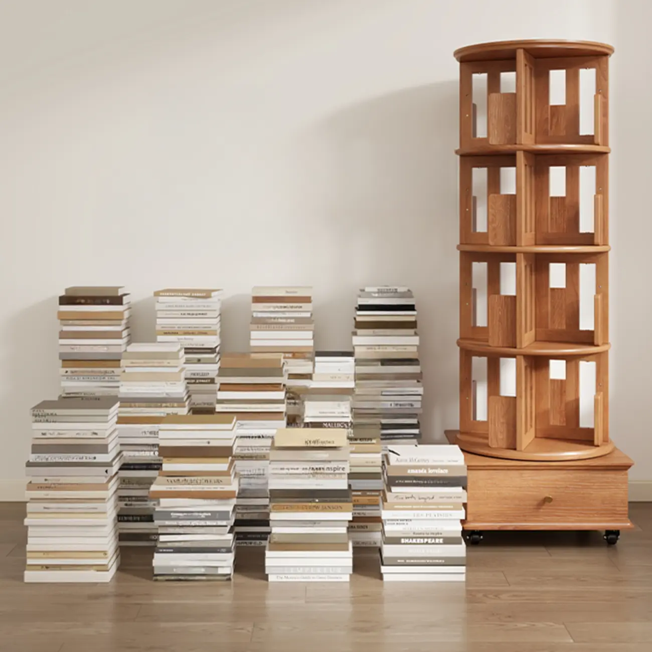 Cylindrical Movable 360° Rotating Wooden Bookshelf with Drawer Image - 2 | homeyfad