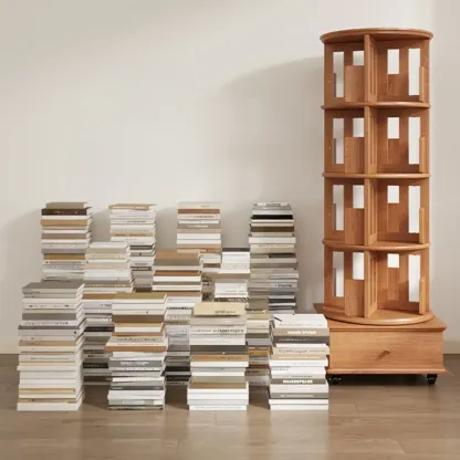 Cylindrical Movable 360° Rotating Wooden Bookshelf with Drawer Image - 2