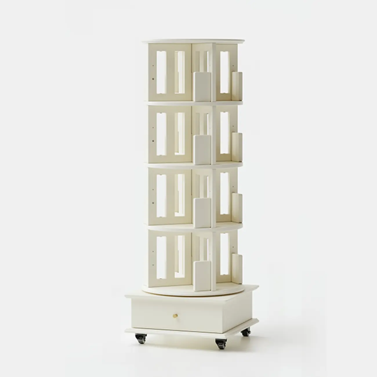 Cylindrical Movable 360° Rotating Wooden Bookshelf with Drawer Image - 7 | homeyfad