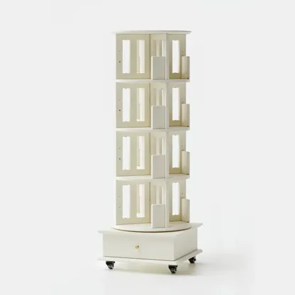 Cylindrical Movable 360° Rotating Wooden Bookshelf with Drawer Image - 7