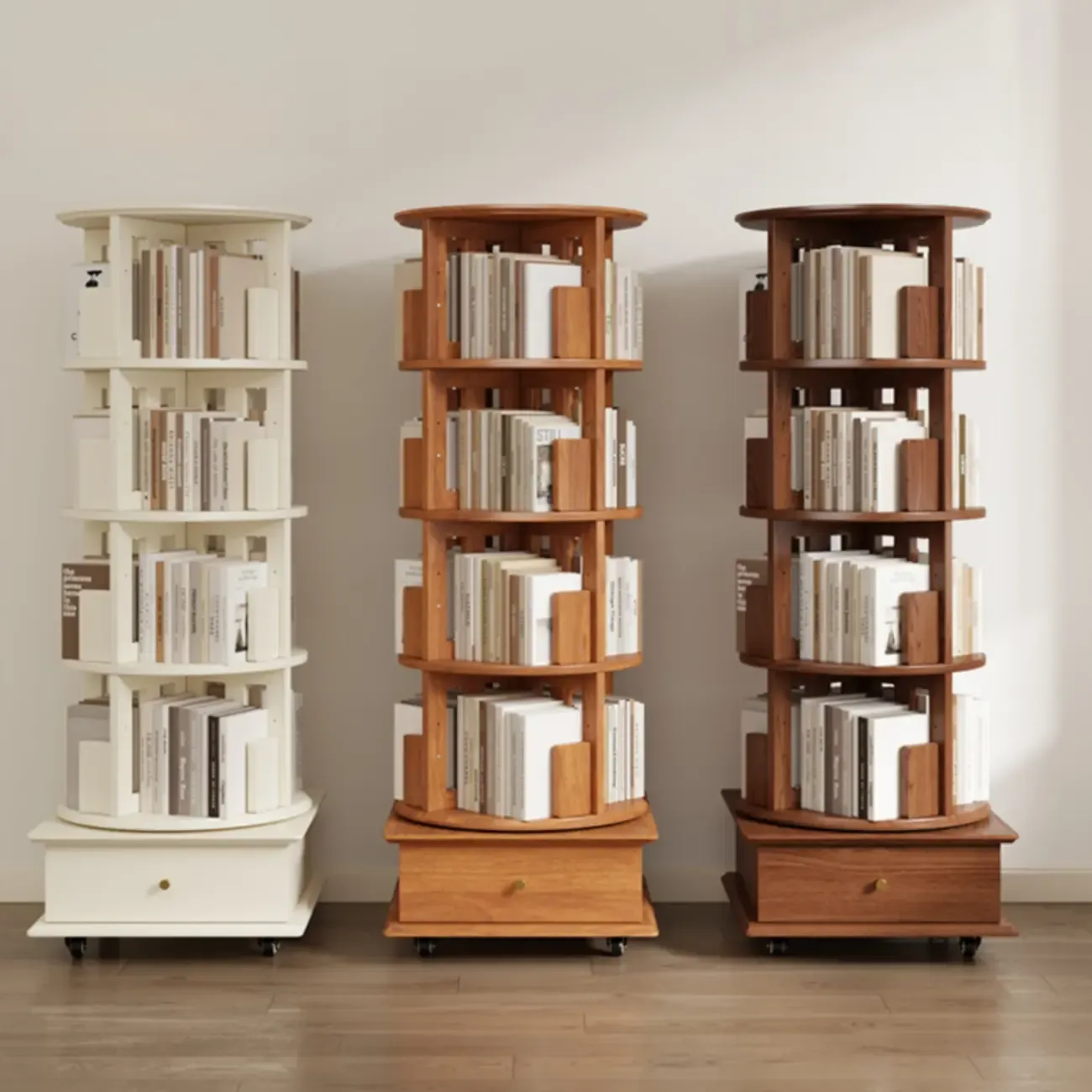 Cylindrical Movable 360° Rotating Wooden Bookshelf with Drawer Image - 3
