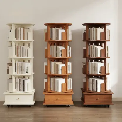 Cylindrical Movable 360° Rotating Wooden Bookshelf with Drawer Image - 3