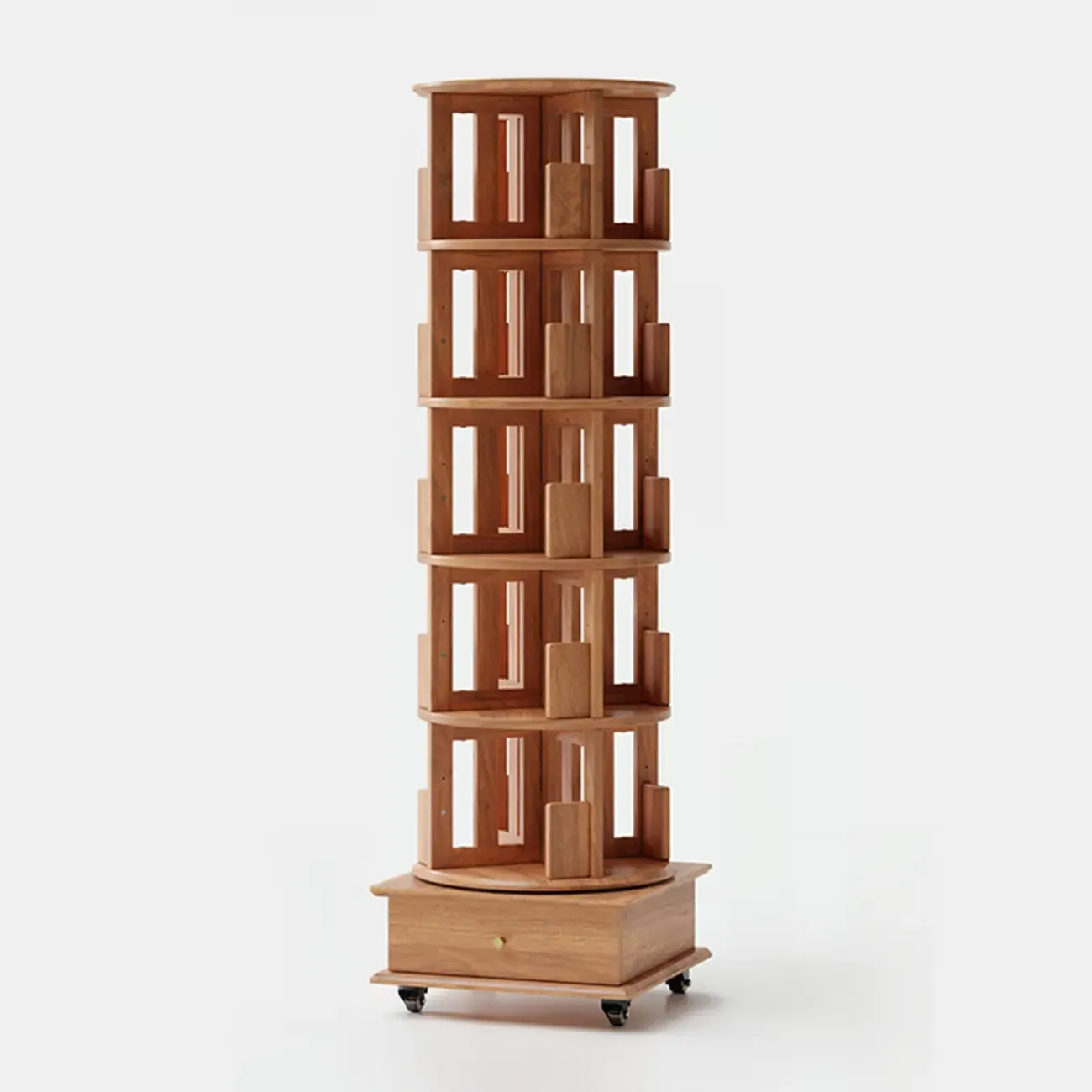 Cylindrical Movable 360° Rotating Wooden Bookshelf with Drawer Image - 8