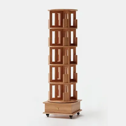 Cylindrical Movable 360° Rotating Wooden Bookshelf with Drawer Image - 8