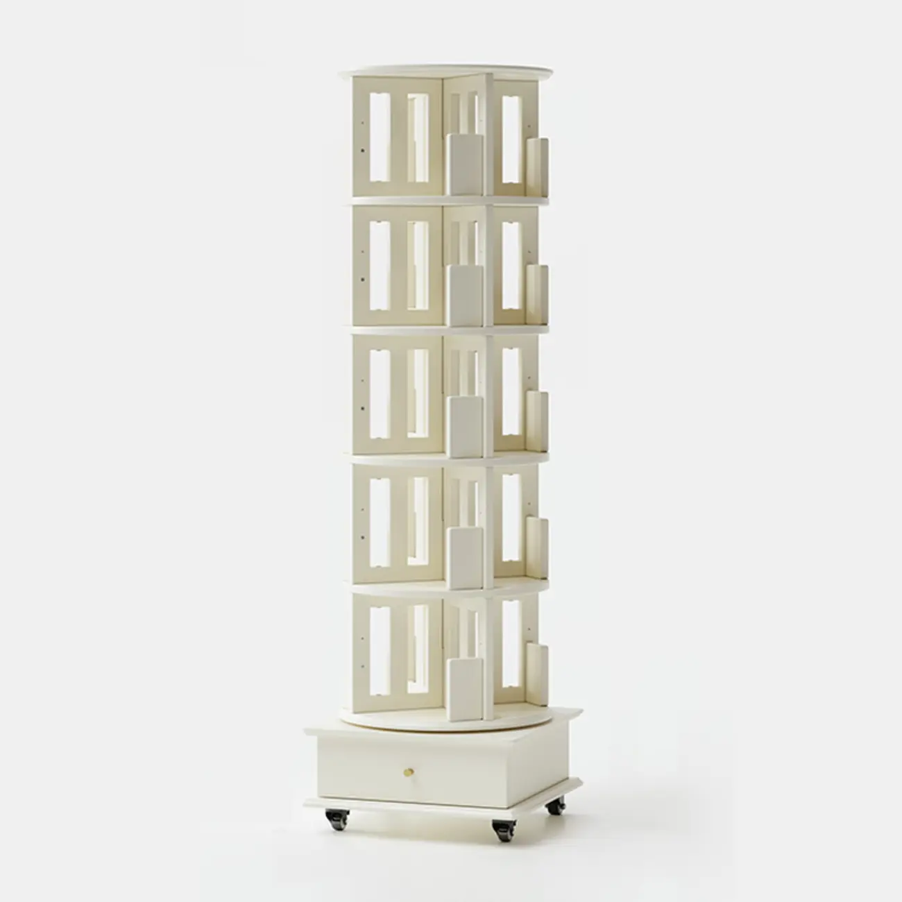 Cylindrical Movable 360° Rotating Wooden Bookshelf with Drawer Image - 9 | homeyfad