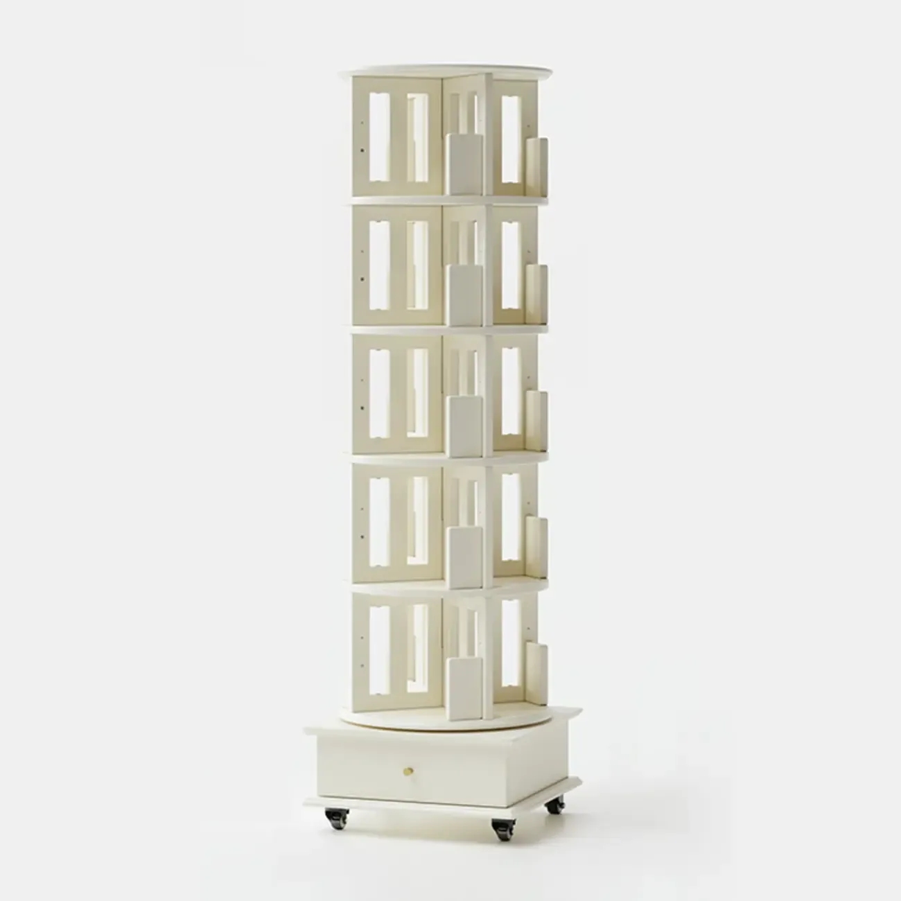 Cylindrical Movable 360° Rotating Wooden Bookshelf with Drawer Image - 9