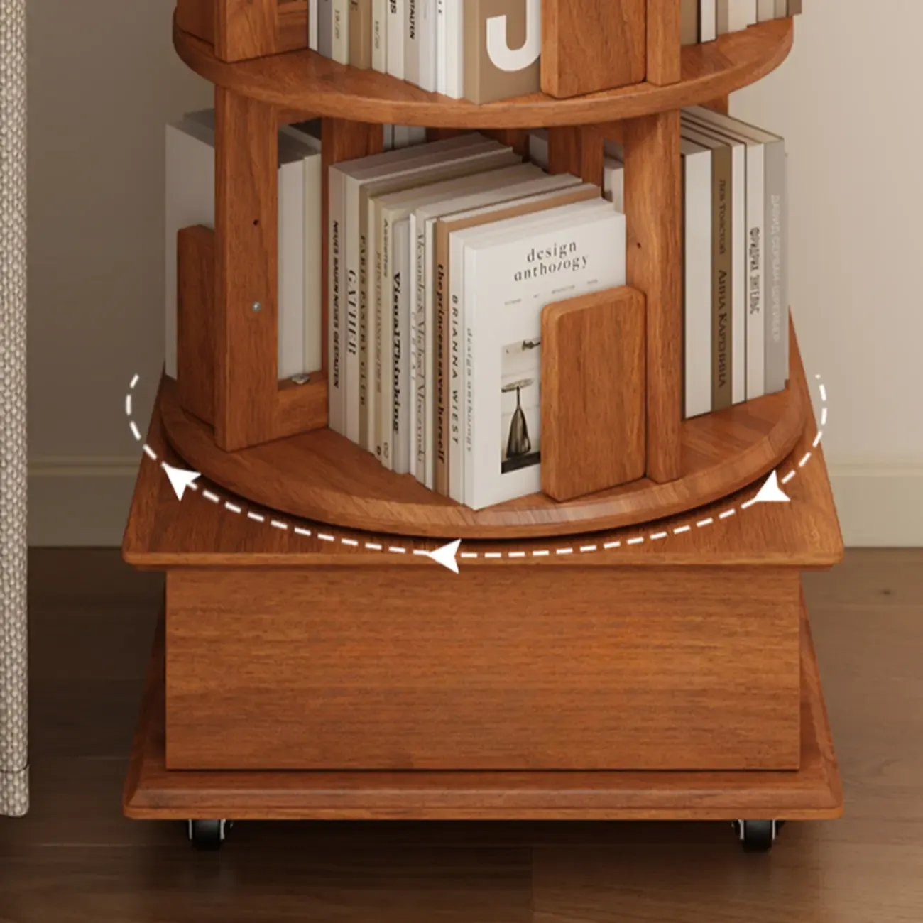 Cylindrical Movable 360° Rotating Wooden Bookshelf with Drawer Image - 10