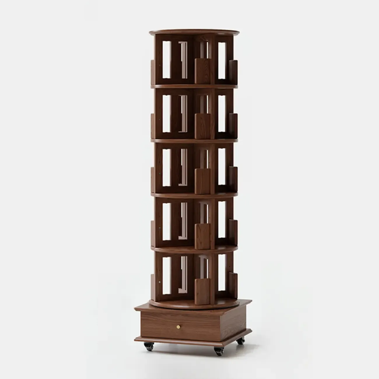 Cylindrical Movable 360° Rotating Wooden Bookshelf with Drawer Image - 11
