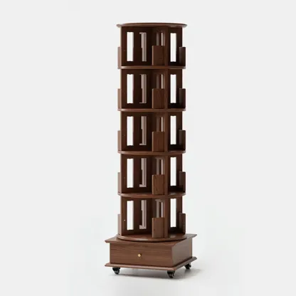 Cylindrical Movable 360° Rotating Wooden Bookshelf with Drawer Image - 11
