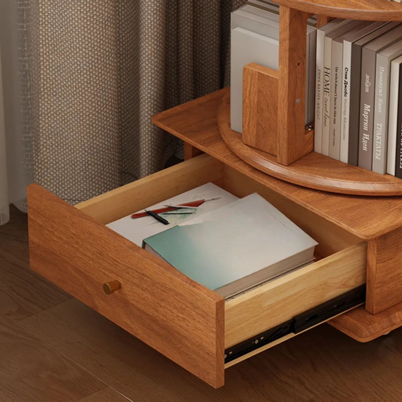Cylindrical Movable 360° Rotating Wooden Bookshelf with Drawer Image - 13 | homeyfad