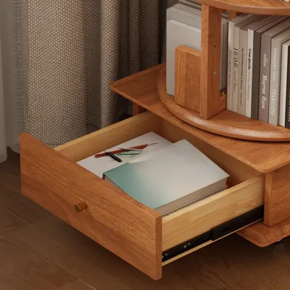 Cylindrical Movable 360° Rotating Wooden Bookshelf with Drawer Image - 13