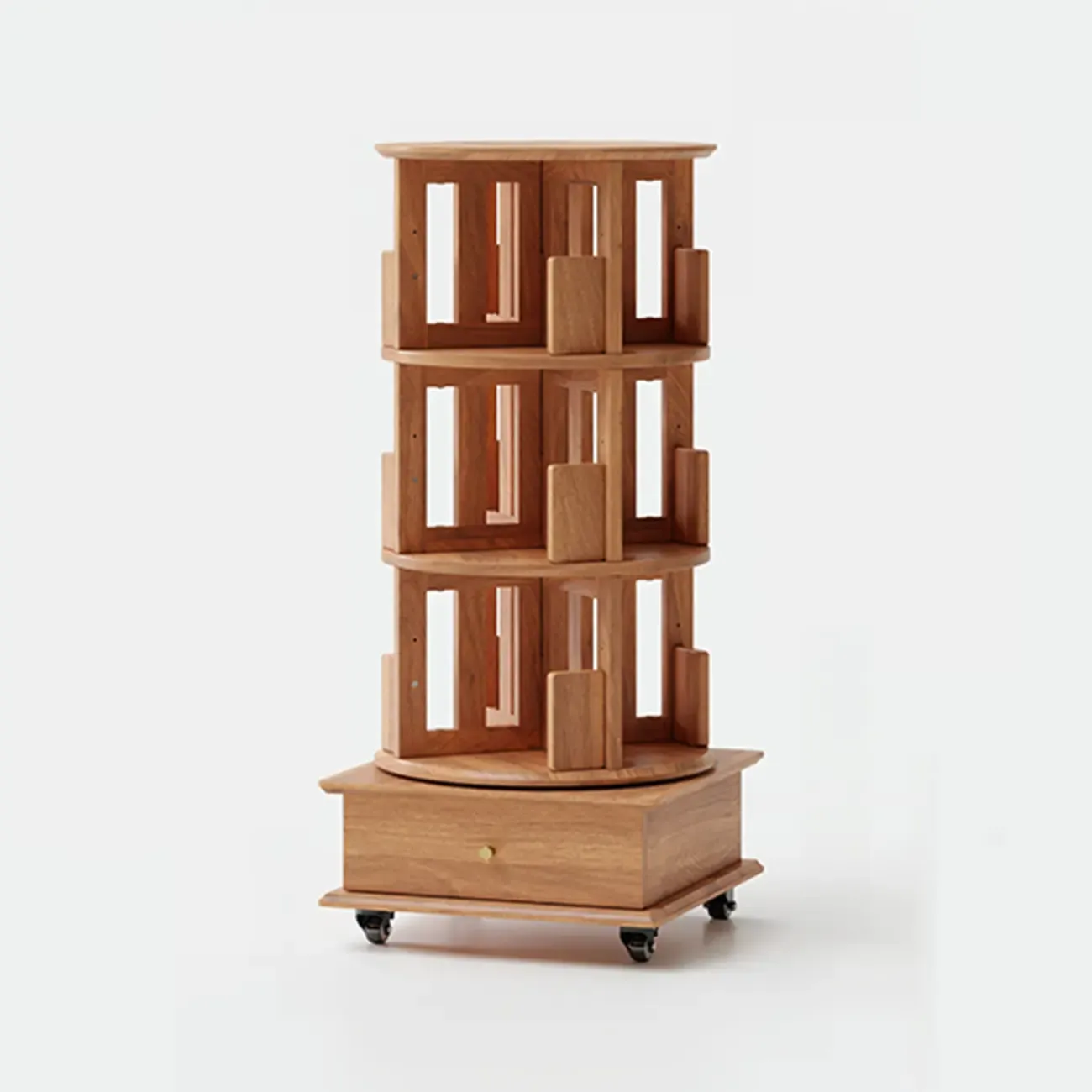 Cylindrical Movable 360° Rotating Wooden Bookshelf with Drawer Image - 14